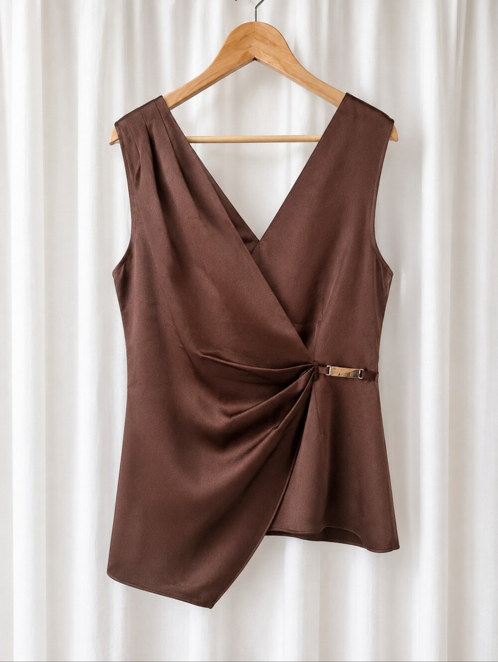 Reiss Wendy Chocolate Asymmetric Faux Wrap Satin Chic Sleeveless Cocktail Blouse